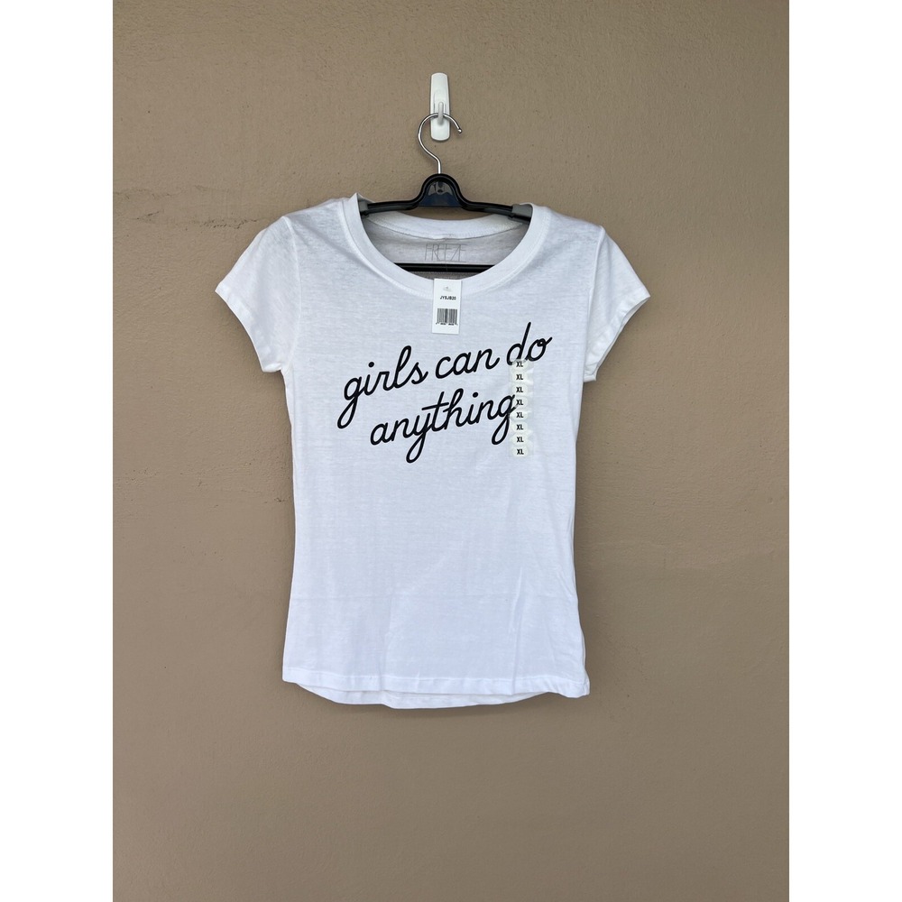 Freeze White Graphic T-Shirt Girls Can Do Anything Cotton Top XL